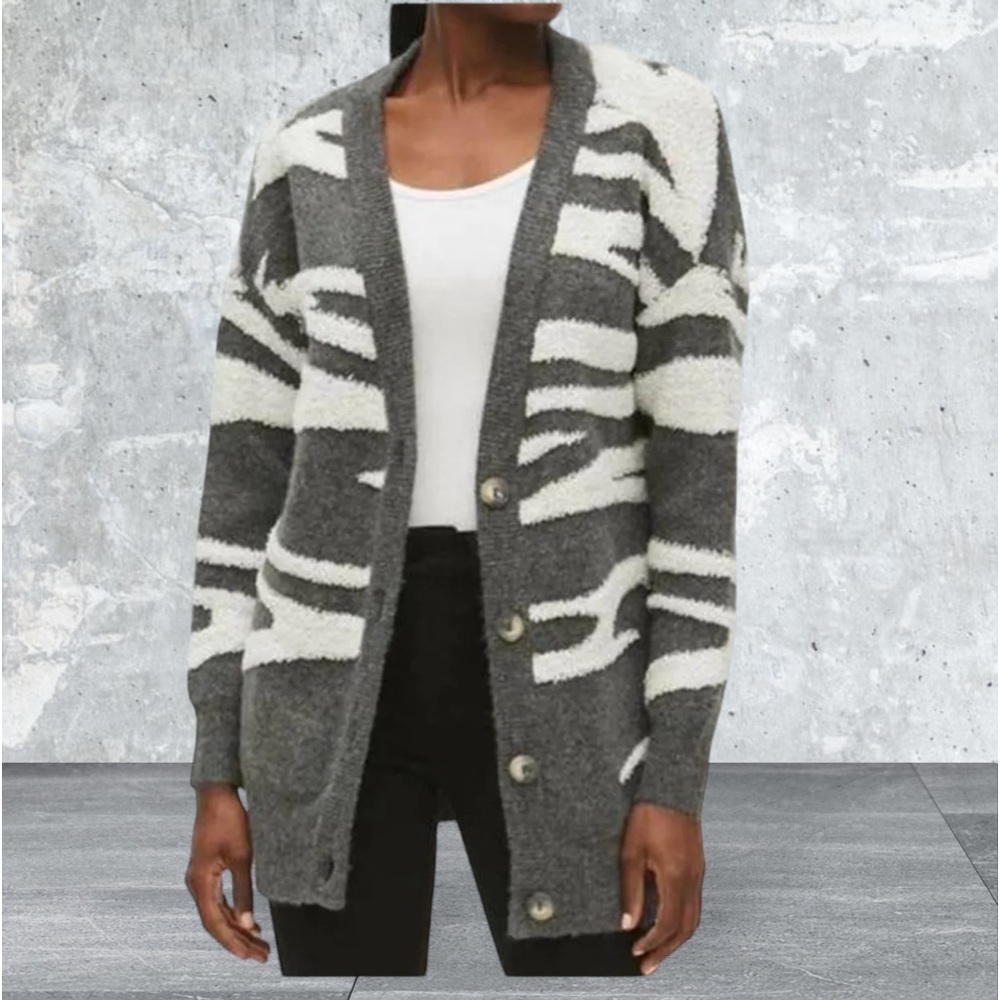 NWT Michael Stars Nell Cardigan Sweater Brushed Stroke Jacquard Gray Size 2X